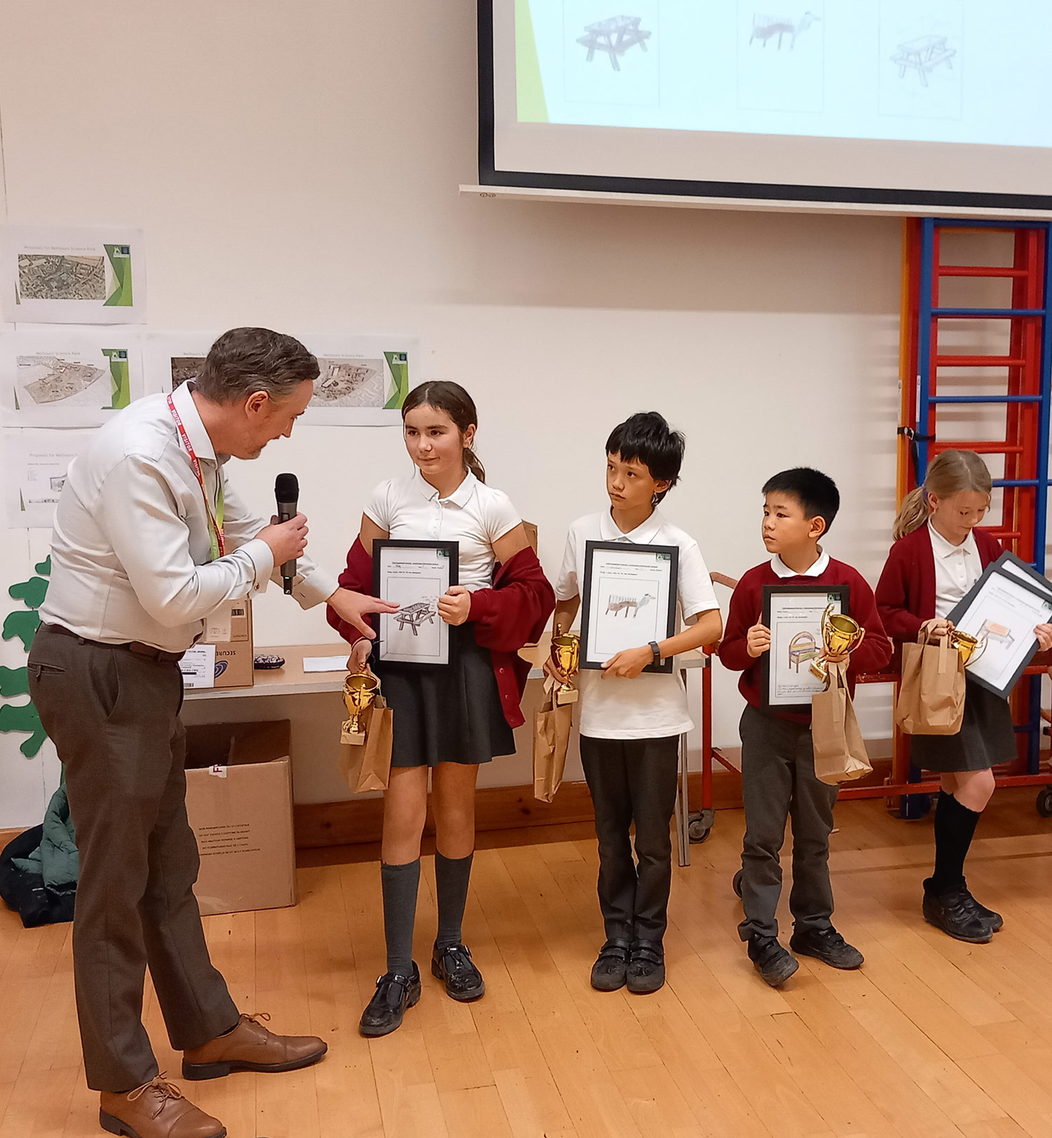 'Melbourn Primary School pupils winning STEM awards for their bench designs as part of Bruntwood SciTech's Youth Engagement Project with Cambridgeshire Council